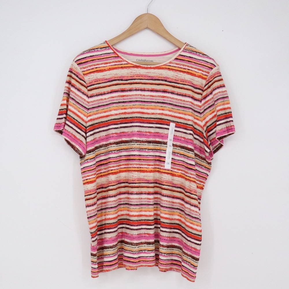 Croft & Barrow T-Shirt Womens 1X Crewneck Pink Orange Striped Cotton New